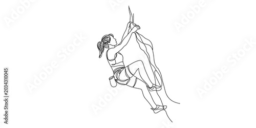 Schilderij op canvas A woman rock climbing on a steep mountain wall using climbing gear and rope in a