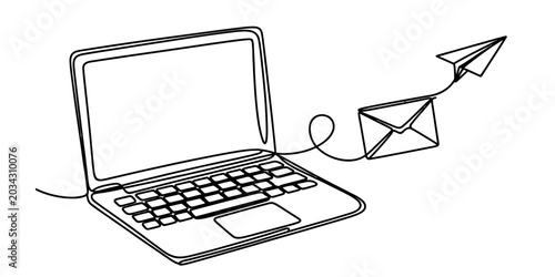 Continuous single line drawing of a laptop computer with an envelope and a paper airplane showing digital communication and internet messaging concept Vector, illustration