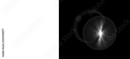 Optical lens flare with bright white starburst, glowing light effect on black background, cinematic sun flare overlay for photo editing