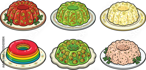 Obraz na płótnie Mid-Century Retro Gelatin Mold Salad Vector Collection Featuring Rainbow Jelly R