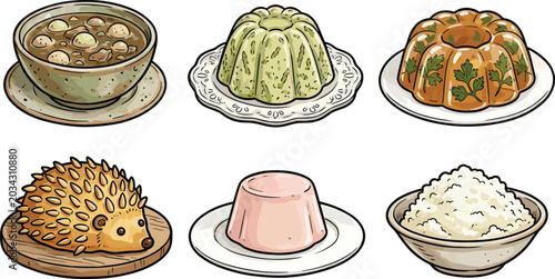 Fotografie Mid-Century Retro Buffet Food Clipart Set Featuring Hedgehog Cake, Savory Aspic