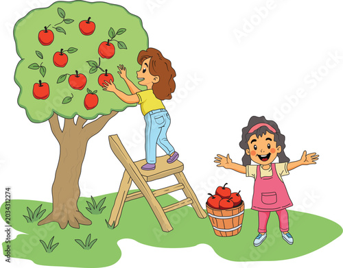 Cute autumn illustration of two happy girls harvesting apples in a sunny orchard. One child stands on a ladder picking apples from a tree while another girl celebrates near a basket full of fresh appl