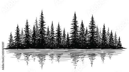 Black and white illustration of pine trees on a lake shore