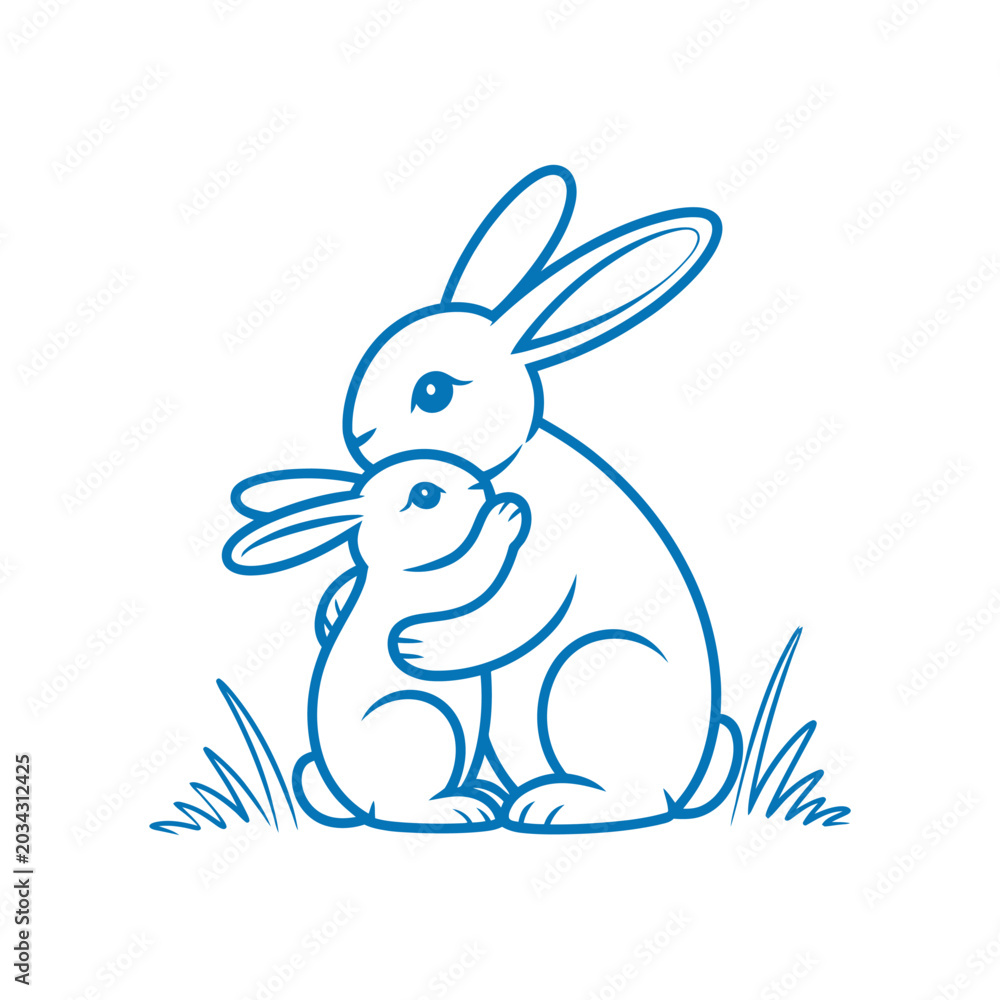 Obraz premium rabbit family line drawing with baby bunny blue on white