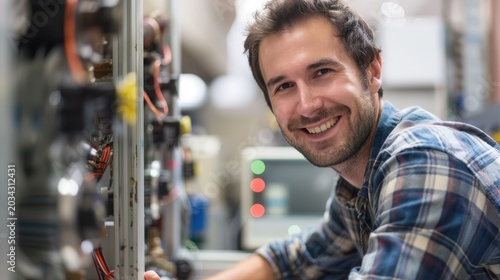 Smiling Male Engineer Working on Electronics in a Workshop, Surrounded by Cables and Components, Smiling Confidently at the Camera