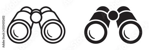 Pair of black binoculars icons for outdoor activities observation surveillance and optical equipment use.