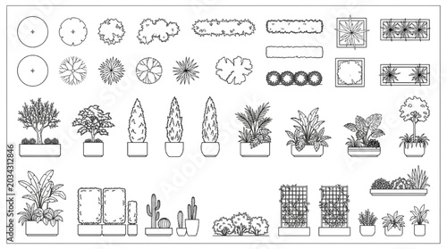 Architectural Landscape CAD Plant Block Collection With Top View Trees, Shrubs and Planter Elevations
