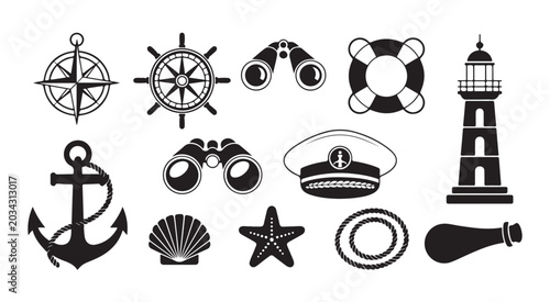 Quadro su tela Marine and nautical collection with lighthouse anchor steering wheel compass and sailor hat elements