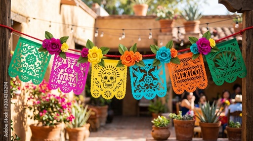 Colorful papel picado banner with flowers and skulls multi colored decoration colorful cultural