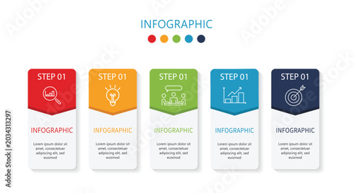 Professional 5-step workflow infographic for marketing strategy, project management and business process presentation.