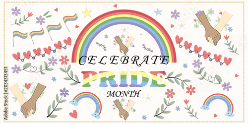 Celebrate pride month banner with rainbow and holding hands