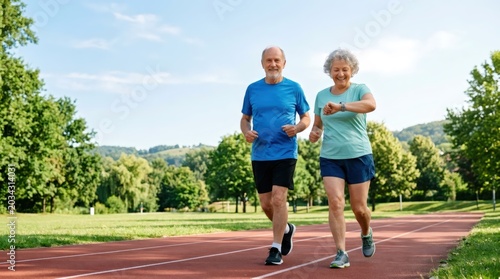 Senior man and woman jogging on outdoor track. Happy elderly couple running for fitness and cardio training. Health care and active lifestyle in old age, sport technology gadget concept.