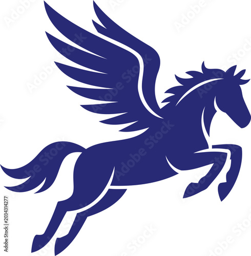 Konstfotografi Majestic dark blue winged horse Pegasus in a powerful leaping motion against a c