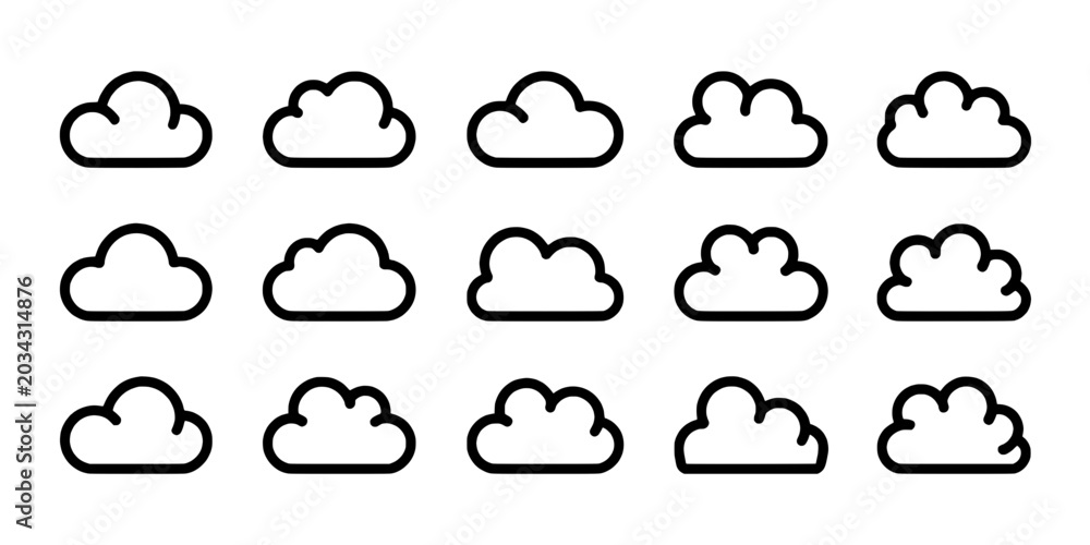 Obraz premium Clouds hand-drawn set with black line art and various shapes featuring white, weather, sky with nature and illustration elements for vector,