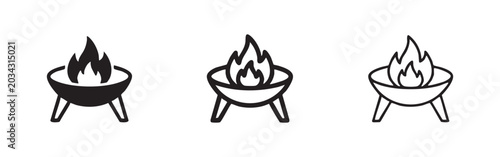 Tableau sur toile Barbecue grill or fire pit with flames icons set