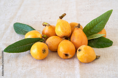 Loquats fruits with green leaves 