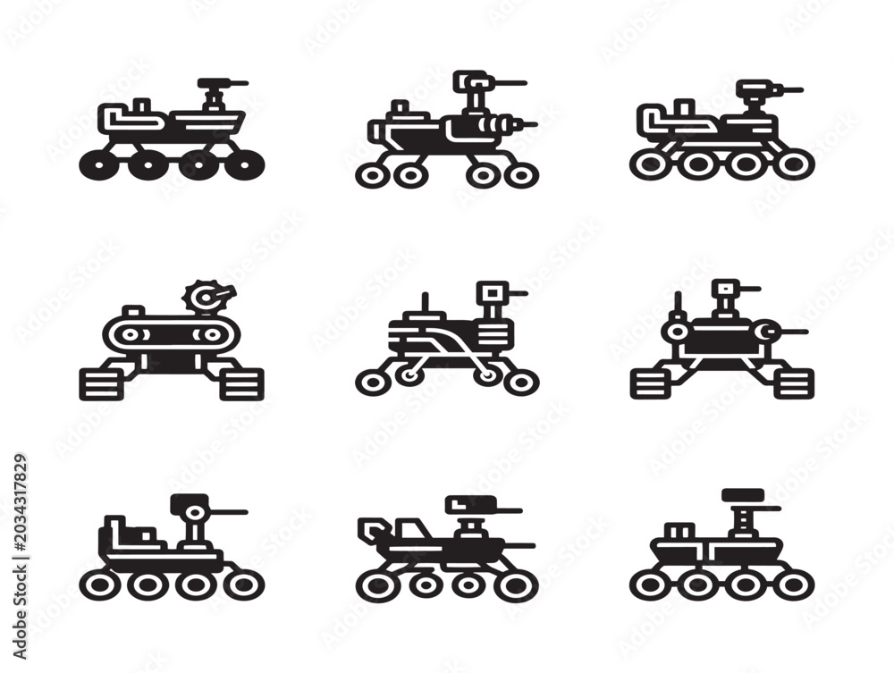 Fototapeta premium Mars Rover Icon Set Solid Black Space Exploration nobody