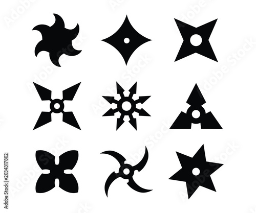 Fotografía Shuriken Ninja Star Icon Set – Japanese Martial Arts Throwing Weapon Vector Coll