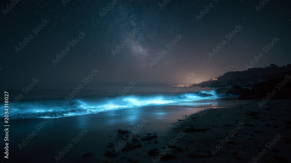 Fototapeta premium Bioluminescent Waves Glowing Under Starry Night Sky
