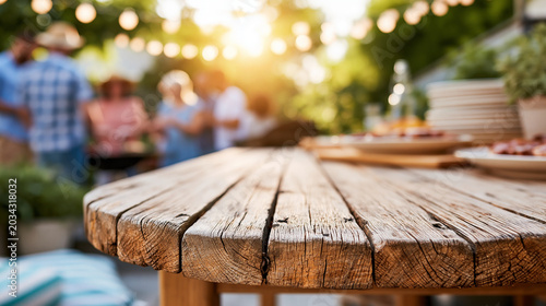 Rustic wooden table overlooking a lively outdoor barbecue scene bathed in warm sunlight, summer entertaining concept, defocused background, with copy space