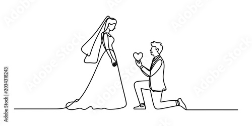 Bilde på lerret Continuous single line drawing of a man proposing to a woman in a wedding dress