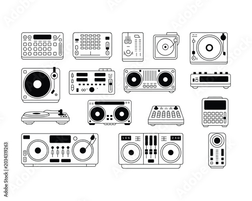 Tableau sur toile DJ equipment collection, professional audio mixer and turntable vector illustrat