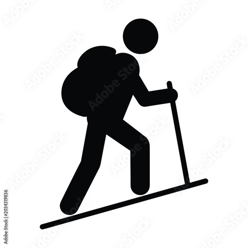 Hiker with backpack and walking stick icon for outdoor adventure and travel
