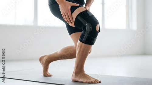 Close up of athlete legs wearing black orthopedic adjustable knee brace support sleeve during physical therapy exercise on fitness mat indoor
