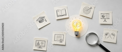 Innovation, education and light bulb with sticky notes for learning, business strategy and brainstorming. Brain, magnifying glass and paperwork with academic icons, career goals and search for knowle