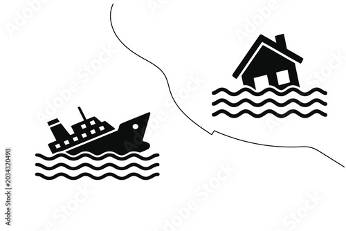 Photos Disaster illustration featuring a sinking ship and flooded house icon set on whi