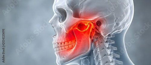 Jaw pain, TMJ and dental health in medical illustration with human skull, teeth and anatomy for diagnosis. Healthcare, joint and inflammation with dentistry, oral care and surgery for treatment