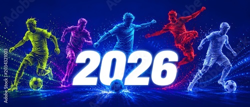 Soccer, 2026 and football players with digital neon effect for sports championship, tournament and match event. Athletic team, glowing motion and competition with energy, kick and game play world.