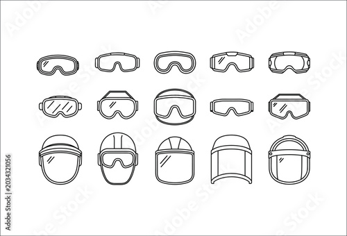 Foto Protective safety goggles collection, industrial helmet visor vector illustratio
