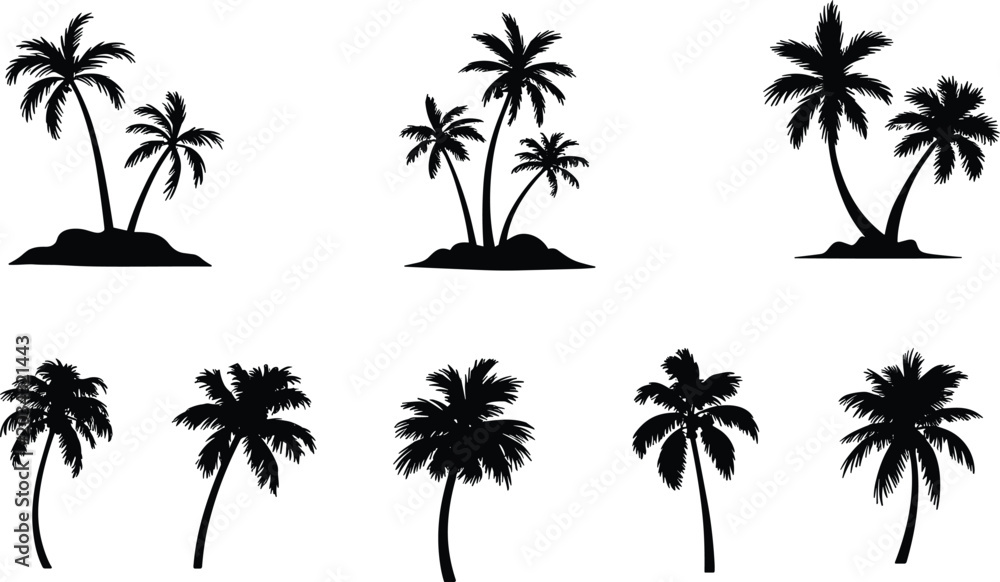 Fototapeta premium Tropical Palm Tree Silhouette Collection, Exotic Island Nature Illustration Set, Summer Beach Coconut Tree Icons, Black Botanical Vector Bundle