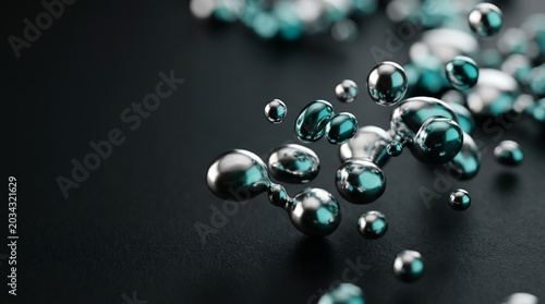 Abstract Metallic Liquid Droplets with Teal Reflections on Dark Background