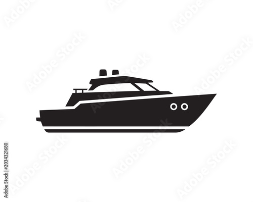Black and white luxury motor yacht silhouette on white background