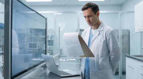 Doctor reviewing diagnostic scans and patient notes in modern clinical laboratory