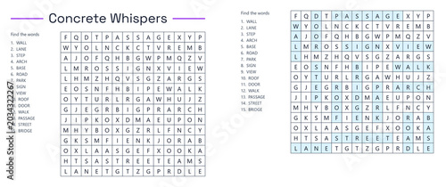 Word search puzzle titled Concrete Whispers with highlighted answers  