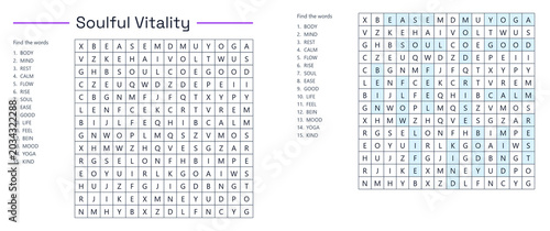Tableau sur toile Word search puzzle labeled Soulful Vitality with diverse terms