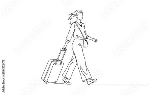 Traveler woman standing with rolling bag on wheel continuous one line drawing.