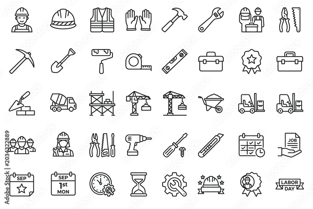 Naklejka premium Construction icons set with light effect workers tools and industry symbols
