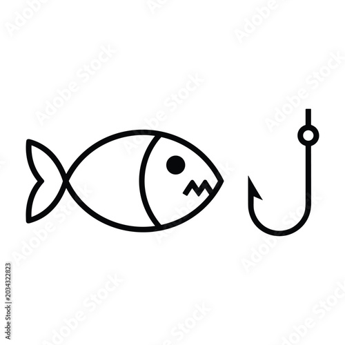 Minimalist outline fishing icon with fish and hook symbol for sport design
