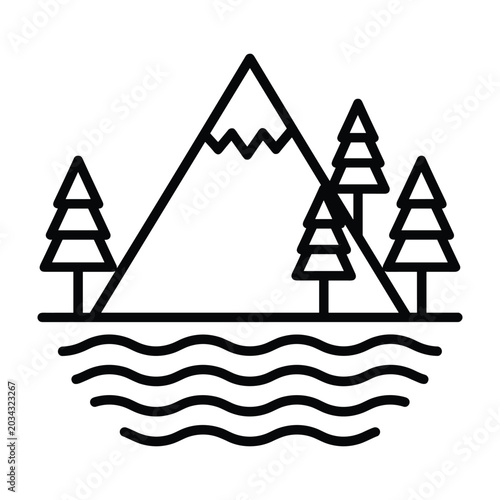 Mountain landscape icon with pine trees and water for outdoor adventure