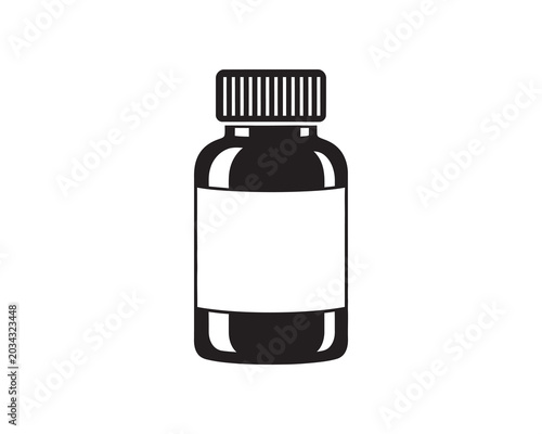 Black bottle with white label and cap