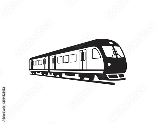 Modern black and white passenger train side view line art illustration