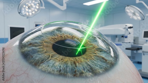 Laser eye surgery for vision correction, showing a green laser beam precisely targeting the cornea of a human eye in a sterile operating room environment