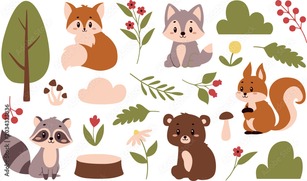 Naklejka premium Cute Woodland Animals Clipart Vector Set Featuring Baby Fox Wolf Squirrel Raccoon and Bear Cub with Forest Nature Elements for Kids Nursery Art Designs