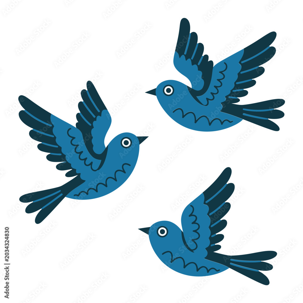 Obraz premium Blue birds flying stylized vector illustration on white background