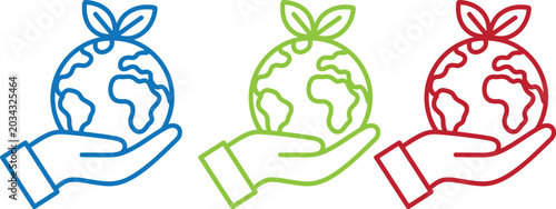 Tableau sur toile Hand holding small globe with plant sprouting from top in three colors vector il