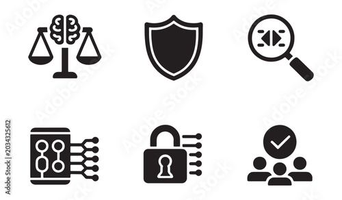 Tech ethics and security icon set representing safety privacy and compliance